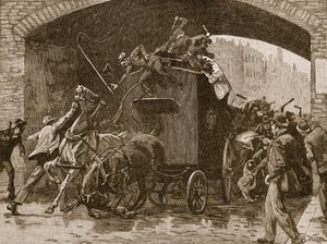 1867年、マンチェスターの警察バンに対するフェニアンの攻撃、「カッセルのイラスト入りのイングランドの歴史」（セピア写真）のイラスト